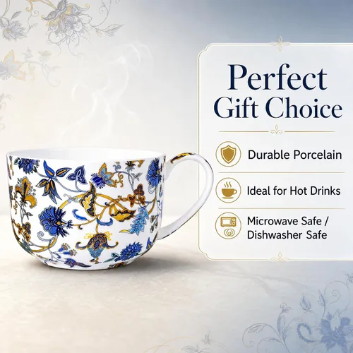 Vista 2 de Tazones de sopa de 25 onzas de porcelana con mangos, taza grande de sopa para café, cereal, avena, café con leche, sopa floral, taza de sopa