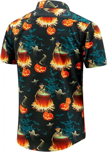 Vista 3 de J&DHUASHA Camisa de Halloween para hombre, diseño de calabazas divertidas, manga corta, con botones, hawaiana