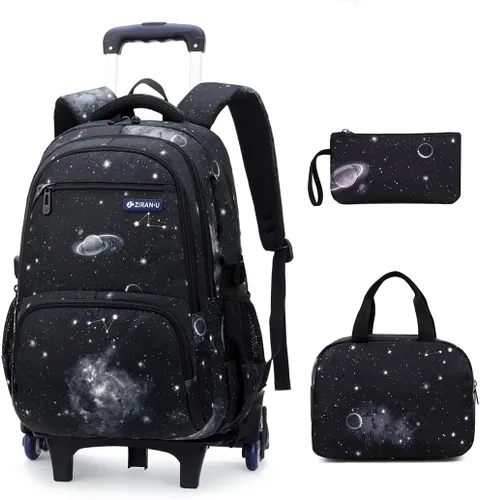 Vista 10 de Mochila con ruedas para niños de primaria con estampado galaxia, mochila con ruedas, 3Pcs-Black-Galaxy., 3Pcs Rolling Backpack Set, Portátil