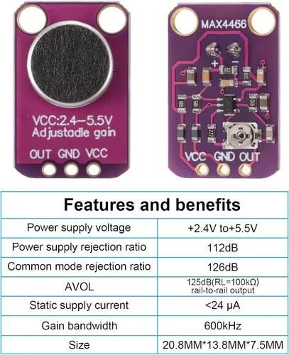Vista 2 de Módulo amplificador de micrófono electret MAX4466 Ganancia ajustable azul Breakout Board