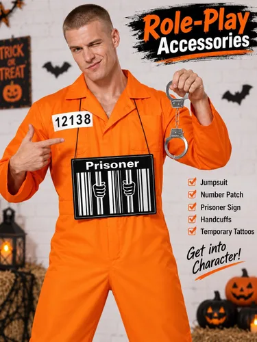 Vista 4 de HOMELEX Disfraz de prisión naranja para hombre, disfraz de recluso de Halloween, uniforme de cárcel para adultos