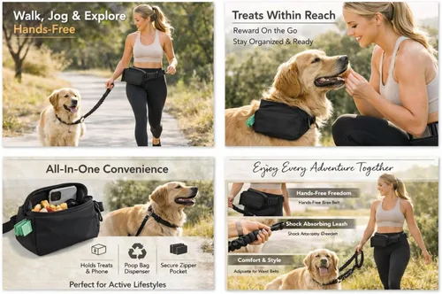 Vista 3 de Correa de perro manos libres con bolsa de golosinas para perros, correa de cintura elegante y moderna para pasear al perro, para llevar
