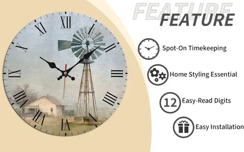 Vista 9 de Windmill House Wooden Wall Clock with Roman Numerals for Retro Decor 25 * 25cm