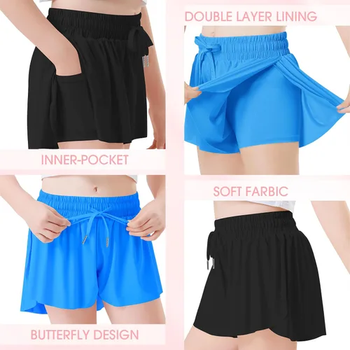 Vista 3 de Paquete de 2 pantalones cortos deportivos de mariposa para niñas, pantalones cortos fluidos para niños con bolsillo 2 en 1, pantalones cortos