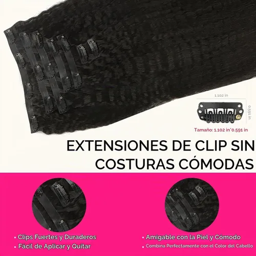 Vista 7 de Extensiones de cabello Lashey con clip, 100% cabello humano real, liso tipo afro, borde invisible, sin costuras, con clip, 3.53 oz, negro natural