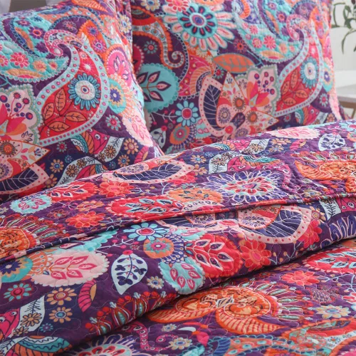 Vista 3 de VISIMISI - Juego de colchas de algodón, juego de cubrecama reversible con estampado floral de cachemira bohemio, patrón rojo bohemio hermoso
