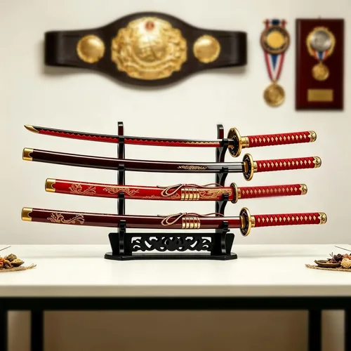Vista 5 de Soporte de 4 niveles para espada, soporte de mesa para katana, sable de luz, Genji, espadas samurái