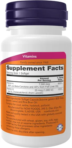 Vista 2 de NOW Suplementos, Vitamina A y D3 25,000/1,000 UI, Salud de los Ojos*, Nutrición Esencial, 100 Cápsulas Blandas