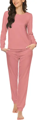 Vista 23 de Ekouaer - Conjunto de pijama de manga larga para mujer, ropa de dormir suave con cuello redondo y bolsillos, conjuntos de ropa de descanso Negro