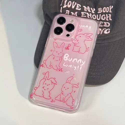 Vista 5 de Funda de teléfono para iPhone 13 Pro Max, funda de dibujos animados de conejo rosa transparente en 3D para mujeres y niñas