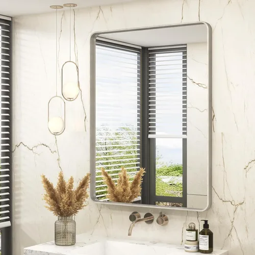 Vista 16 de Espejo rectangular para pared de baño de 20x30 pulgadas con marco negro mate, espejo de tocador con esquinas redondeadas, espejo de baño de metal