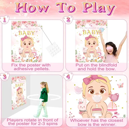 Vista 7 de Juego Pon el Chupete al Bebé Rosa Juego de Baby Shower Decoraciones para Fiesta Incluye Póster Grande 30 Pegatinas de Chupete Juego para Baby