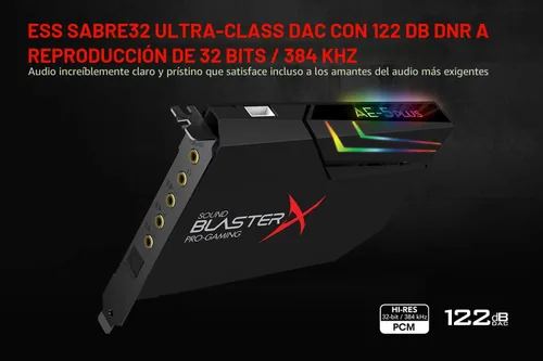 Vista 5 de Creative Sound BlasterX AE-5 Plus SABRE32-class Tarjeta de sonido PCIe de alta resolución para juegos de clase SABRE32 de 32 bits/384 kHz y DAC