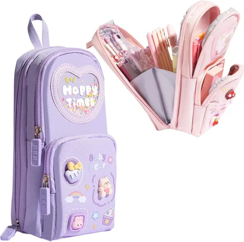 Vista 9 de Estuche de cartón lindo con diseño de oso y conejito de fresa, helado, 3 capas, gran capacidad, estuche organizador de cosméticos (rosa-1)