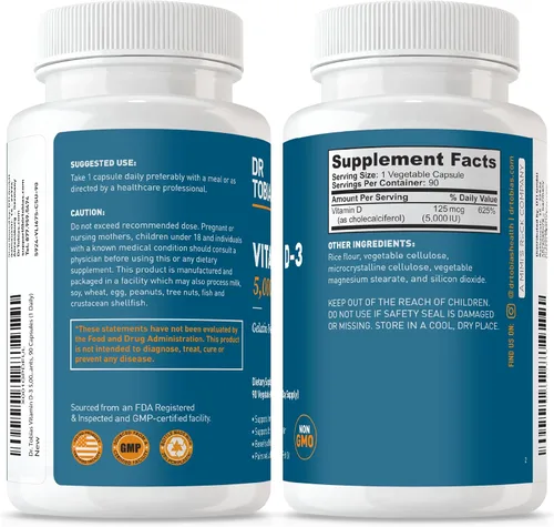 Vista 5 de Dr. Tobias Vitamina D3 5000 UI, esencial para huesos saludables, dientes y sistema inmunológico, suplemento de vitamina D extra fuerte, sin OMG, 90
