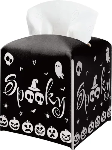 Vista 15 de Soporte para caja de pañuelos de Halloween con tapa cuadrada de cuero negro, organizador de papel facial, dispensador de papel higiénico para baño
