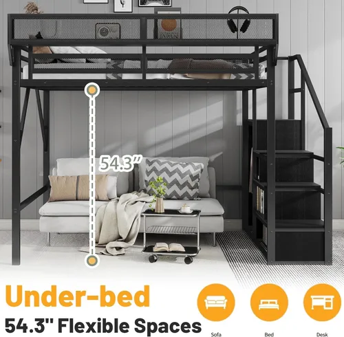 Vista 5 de Mirightone Cama elevada de tamaño completo con escaleras, camas elevadas de metal, estructura de cama elevada con estantes de almacenamiento, cama