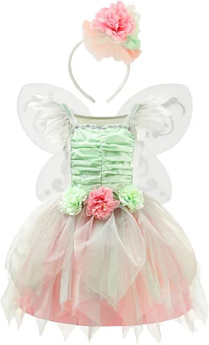 Vista 9 de DJDLPARTY Vestido de disfraz de hada para niñas, vestido verde de princesa, vestido de tutú con diadema y alas Azul