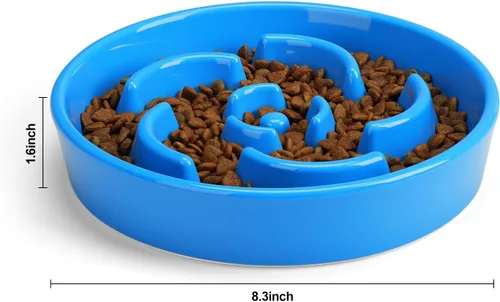 Vista 6 de Cuenco de cerámica para perros de alimentación lenta, 2 tazas de plato de flor - azul