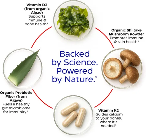 Vista 4 de Enzymedica Vitamina D3 K2, 5000 UI Vegan D3 + 90 mcg MK-7, suplemento a base de plantas con hongos shiitake y fibra prebiótica para apoyo óseo e
