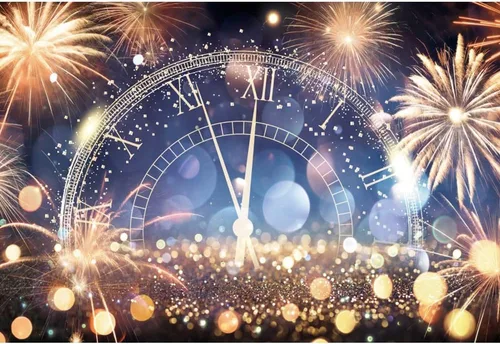 Vista 3 de Yeele Fondos de feliz año nuevo de 15 x 10 pies, fuegos artificiales brillantes Bokeh Halos, reloj de cuenta regresiva, fondo fotográfico para 2023