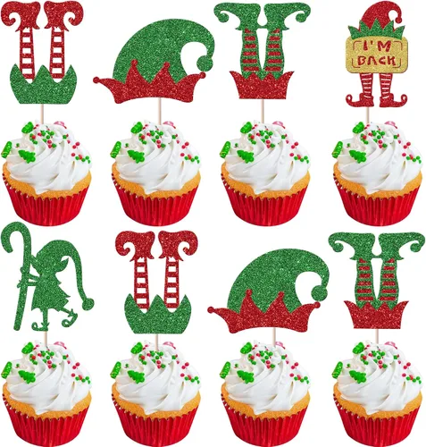 Vista 12 de Paquete de 24 Adornos Navideños Oh Baby para Cupcakes con Sombrero de Navidad con Purpurina, Palillos de Comida para Baby Shower para Niños y Niñas