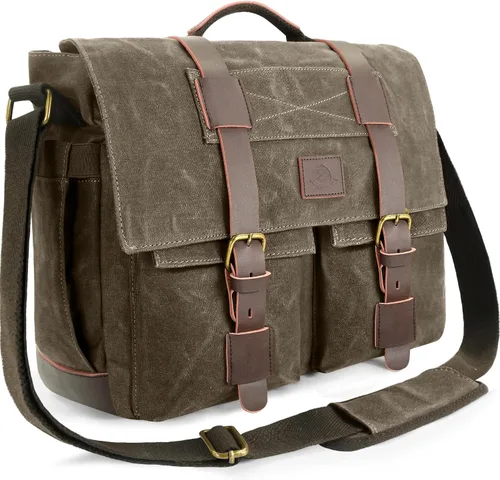 Vista 11 de Bolsa tipo mensajero para hombre, bolsa para laptop de 15.6 pulgadas, bolsa vintage de lona encerada, resistente al agua, maletín de cuero