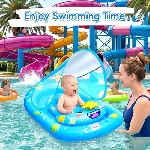 Vista 3 de Baby Float with Canopy- UPF50+ Sun Protection Baby Pool Float，Inflatable Kids Pool Float with Adjustable Safety Seat for 6-36 Months Kids