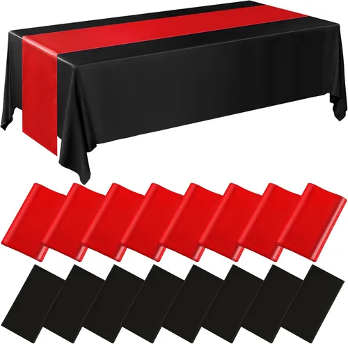 Vista 13 de Tudomro 16 piezas de manteles de plástico desechables negros y rosa fuerte y juego de camino de mesa de satén 54 x 108 pulgadas Mantel 12 x 108