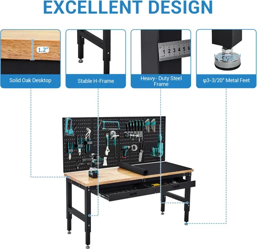 Vista 4 de Mesa de trabajo ajustable de 60 pulgadas, banco de trabajo de madera de goma de 3000 libras, mesa de trabajo resistente con 2 cajones y tablero
