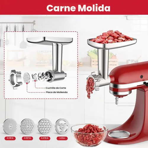 Vista 2 de Accesorio para picadora de carne para batidora de pie KitchenAid, picadora de carne para KitchenAid, incluye 3 accesorios para embutir salchichas