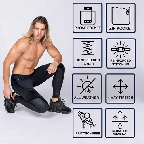 Vista 4 de Kapow Meggings Supreme Range - Leggings deportivos de lujo de compresión para hombre, ropa deportiva de moda para yoga y gimnasio con bolsillos
