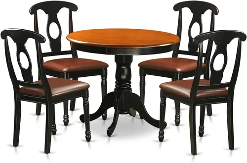 Vista 9 de East West Furniture El juego de habitación ANKE3-BLK-LC de 3 piezas contiene una mesa de cocina redonda con pedestal y 2 sillas de comedor tapizadas