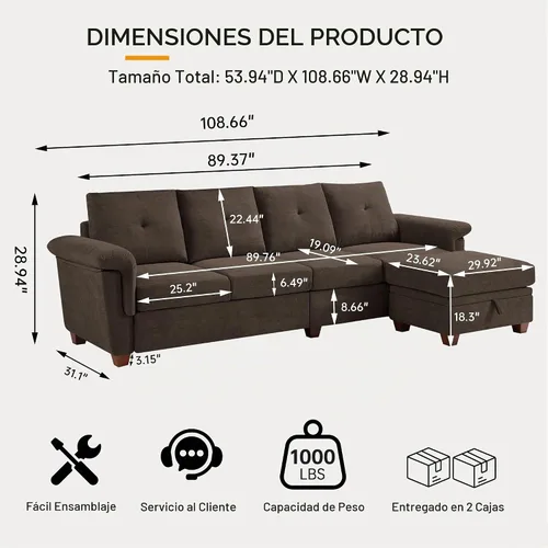 Vista 2 de Sofá Seccional Convertible con Almacenamiento, Sofá en Forma de L de 4 Asientos con Chaise y Portavasos, Sofás Modernos de Tela de Microfibra