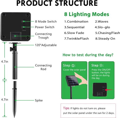 Vista 6 de Paquete de 2 tiras de luces solares de 480 LED para exteriores, luces solares súper largas de Navidad de 170 pies para exteriores con 8 modos
