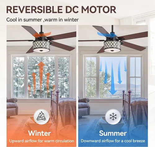 Vista 3 de 52" Farmhouse Ceiling Fans with Lights and Remote, 6-Speed Reversible DC Motor, Double-Sided 5 Blades, Timer, Indoor Ceiling Fan with Caged