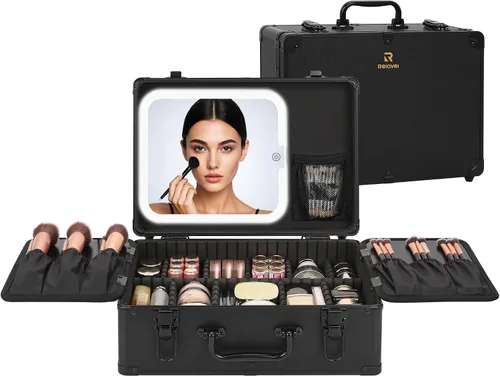 Vista 15 de Relavel - Bolsa de maquillaje con espejo LED, estuche de maquillaje para viajes en tren con espejo iluminado recargable y divisores ajustables Negro