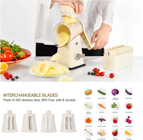 Vista 3 de Xilrvna - Rallador rotativo de queso, triturador de verduras, 5 en 1, rallador de queso con mango reforzado, succión, fácil limpieza, cocina, picar
