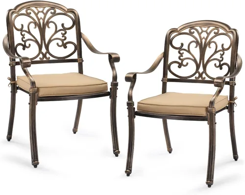 Vista 22 de VINGLI Juego de 2 sillas de patio apilables de aluminio fundido para exteriores con acabado negro vintage y patrón floral, sillones de metal