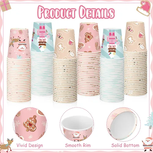 Vista 3 de Maxcheck 100 Piezas Vasos de Papel Rosa de Navidad de 9 onzas, Desechables, Copos de Nieve Rosa Alce, Tazas de Café de Navidad, Bebidas Calientes