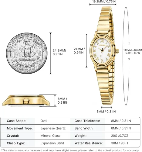 Vista 4 de Relojes pequeños de oro para mujer, reloj analógico de esfera fácil de leer, caja ovalada, banda de expansión de acero inoxidable, reloj impermeable