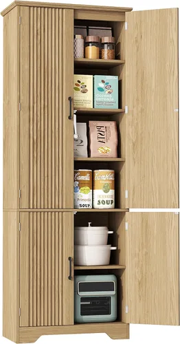 Vista 12 de Yusong Armario de almacenamiento de baño de 64 pulgadas de alto, despensa de cocina con almacenamiento de puerta, armarios independientes de madera