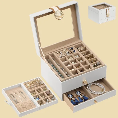 Vista 9 de Hzuaneri Joyero de 3 capas, 1 soporte individual para joyas, 1 cajón, organizador de joyas con tapa de vidrio, estuche de joyería de piel sintética