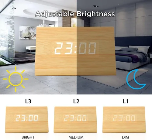 Vista 4 de OCT17 Reloj de madera de madera, nueva versión LED alarma reloj de escritorio digital brillo ajustable, hora de alarma, muestra la hora y la Bambú