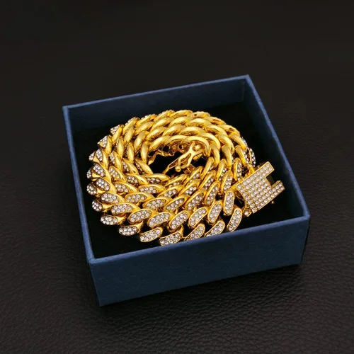 Vista 5 de ICEDATA Cadena de eslabones cubanos Hip Hop Link 13MM Ancho AAA+ Rhinestone Aleación de Zinc Cadena Cubana para Hombres, Zinc, cristal