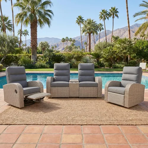 Vista 35 de LayinSun Sillón reclinable giratorio de mimbre de gran tamaño con respaldo ajustable y reposapiés, sillón reclinable para patio Gris