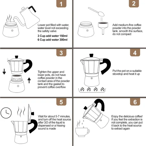 Vista 9 de Cafetera Moka Pot Express de Aluminio de 3 Tazas 150ml (5.1 fl oz), Cafetera de Espresso para Estufa, Cafetera Colorida Estilo Clásico Italiano