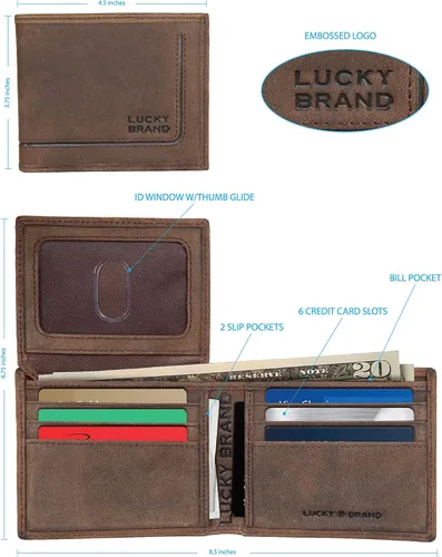 Vista 8 de Lucky Brand Bifold RFID de cuero ranurado para hombre, marrón, OSFA, Marrón