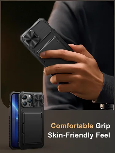 Vista 7 de Vihibii Funda para iPhone 13 Pro Max/iPhone 12 Pro Max con tarjetero (4 tarjetas) [bloqueo RFID] y cubierta de cámara deslizante, protección contra