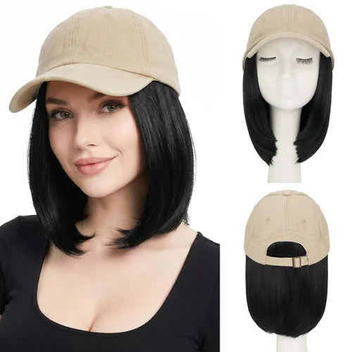 Vista 10 de SEGO - Gorra de béisbol con extensiones de cabello para mujer, resistente al calor, sintético, 6 pulgadas, ajustable, corta, recta, peluca